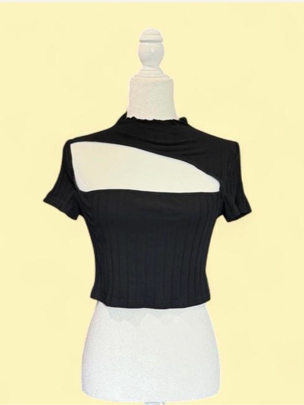 Black Ribbed Mock Neck Lettuce Hem Crop Top with Asymmetrical Cut Out Panel